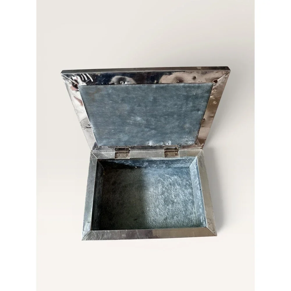 Vintage Silver Tone Celestial Jewelry Box Sun Face &  Elephant Metal Trinket Box